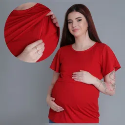 Mama & Bebe Cotton Blend Knit Half Sleeves Solid Maternity Tee WIth Horizontal Open Nursing Access - Red-picture-16