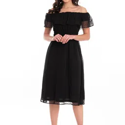 ND & R Self Design Off-Shoulder Gathered or Pleated Georgette Fit and Flare Midi Dress image 5