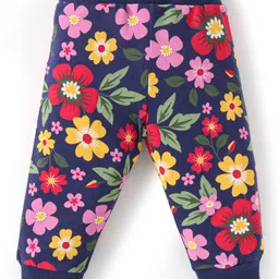 Babyhug Single Jersey Knit Full Length Lounge Pants with Floral & Text Print Pack of 2 - Navy Blue & Red image 3