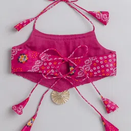 Many frocks & Woven Sleeveless Bandhani Designed Gota Lace Embellished Lehenga Choli With Dupatta Set - Pink image 4