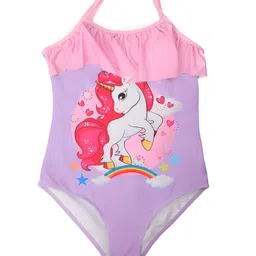 Yellow Bee  Sleeveless Unicorn Printed One Piece Swimsuit With Ruffle Neckline - Purple & Pink image 5