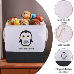 Aura 4Pc Black & White Penguin Printed Cotton Linen Storage Basket With Handle image 3