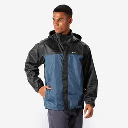 quechua Men Full Zip Rain Jacket with Storage Pouch Black Blue - NH100 image 5
