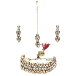 Zaveri Pearls Gold Tone Crystal Shine Stones Pearls Choker Necklace Earring Maangtikka Set-ZPFK9367 image 3