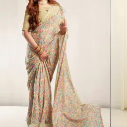 Satrani Beige Floral Print Saree With Unstitched Blouse-image-32