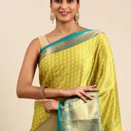 APNISHA Yellow & Blue Woven Saree With Unstitched Blouse image 3