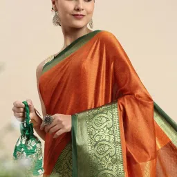 APNISHA Orange & Green Woven Saree With Unstitched Blouse image 3