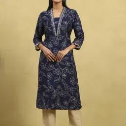 Rangriti Indigo Blue Blended Floral Kurta-picture-28