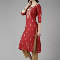 Aarika Red Cotton Embroidered Straight Kurta image 3