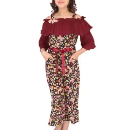 Cutecumber Kids Maroon Floral Print Jumpsuit with Ribbon Belt-picture-18