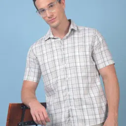 Crimsoune Club Beige Cotton Slim Fit Checked Casual Shirt-image-44