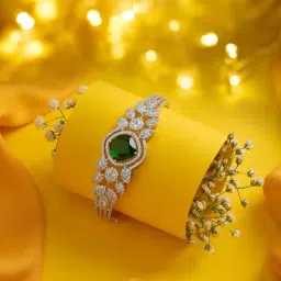 Zaveri Pearls Green Stone Dazzling Cubic Zirconia Two Tone Brass Kada Bracelet-image-39