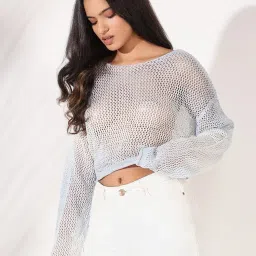 showoffff SHOWOFF Blue Self Design Full Sleeves Top image 3