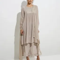 Vark by Westside Taupe FloralA-Line Kurta, Pants and Dupatta Set-picture-14