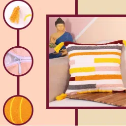 STITCHNEST Multicolor Polycotton Hand Crafted Embroidered Bohemian Multiline Cushion Cover image 3