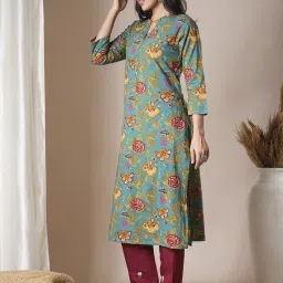 Fashor Green Pure Cotton Regular Fit Floral Print Kurta image 3