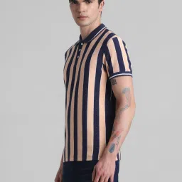 Jack & Jones Peach Parfait Cotton Slim Fit Striped Polo T-Shirt image 3