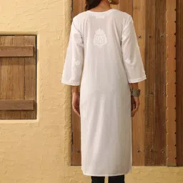 House of Chikankari White Chikankari Cotton Woven Long Kurta image 3