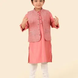 Fabindia Kids Pink Viscose Silk Hand Block Printed Kurta & Jacket Set-picture-27