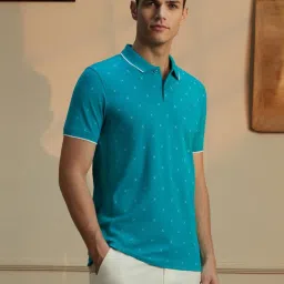 Peter England Blue Cotton Slim Fit Printed Polo T-Shirt image 3