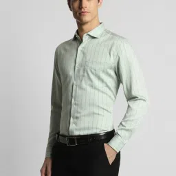 Peter England Green Cotton Slim Fit Striped Shirt image 3