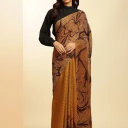 navyasa by liva Yellow & Brown Printed Saree With Unstitched Blouse-picture-20