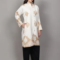 Exotic India Women Floral Woollen Longline Open Front Jacket with Embroidered image 3