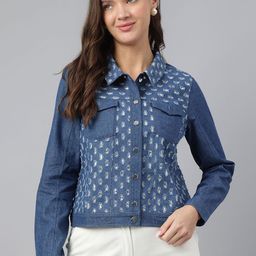 Latin Quarters Women Spread Collar Self Design Cotton Casual Denim Jacket-picture-7