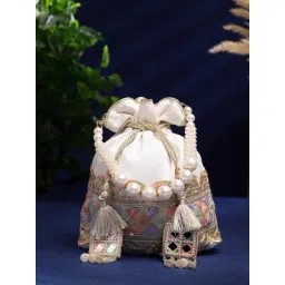 Anekaant Dangle White and Multi Lace Embellished Faux Silk Potli image 2