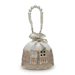 Anekaant Dangle White and Multi Lace Embellished Faux Silk Potli image 4