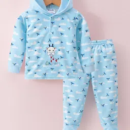Kookie Kids Full Sleeves Winter Wear Hoodie &  Footed Lounge Pant Set with Giraffe Embroidery - Blue-picture-14