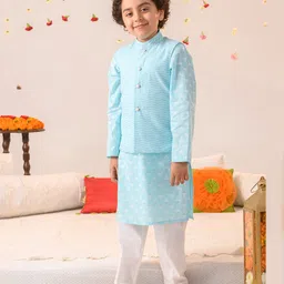 Pspeaches Full Sleeves All Over Flower Motif Printed Kurta With Shimmer Lines Designed Jacket & Pyjama - Blue-picture-15
