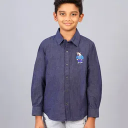 Zion Boys Full Sleeves Bear Embroiderd Epaulettes Shirt - Dark Blue-picture-24