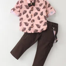 Dapper Dudes Full Sleeves Leaves Printed Shirt With Solid Pant Bow & Suspender - Peach-picture-10
