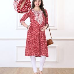 Bella Mama Woven Three Fourth Sleeves Maternity Kurta With Pocket Embrodiered Yoke And Floral Print - Red-picture-41