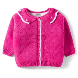Babyhug Knit Full Sleeves Front Open Sweater with Collar Detailing - Pink-picture-32