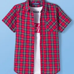 Pine Kids Cotton Woven Half Sleeves Checkered Shirt With T-Shirt - Red-picture-18