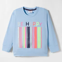 Olio Kids Sinker Knit Full Sleeves Winter T-Shirt With Be Happy Text Print - Light Blue-picture-16