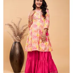 StyloBug Woven Three Fourth Sleeves Trees Printed Gota Lace Embellished Kurti & Sharara Set - Pink-picture-13
