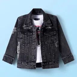 Dapper Dudes Full Sleeves Mild Washed & Typography Printed Denim Jacket With Tee Set - Black-picture-11