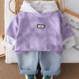 Googo Gaaga Cotton Knit Full Doctor Sleeves Textured Light Winter Tie Dye Hooded Sweatshirt With Jeans Set - Purple-image-15
