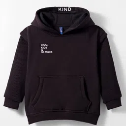 Little Kangaroos Fleece Knit Full Sleeves Hooded Sweatshirt with Kangroo Pockets & Cool Kids & No Rules Text Print - Black-picture-10