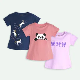 Ariel Cotton Knit Pack Of 3 Full Sleeves Unicorn & Bow Printed Tees - Navy Blue Pink & Purple-picture-35