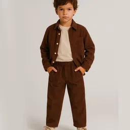 Aww Hunnie Cordoury Woven Full Sleeves Ribbed Shirt & Coordinating Trousers With Tee Set - Brown-image-54