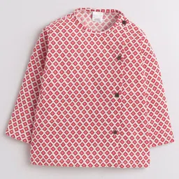 Polka Tots Full Sleeve All Over Diamond Abstract Printed Angrakha Kurta With Dhoti - Pink & Cream image 3