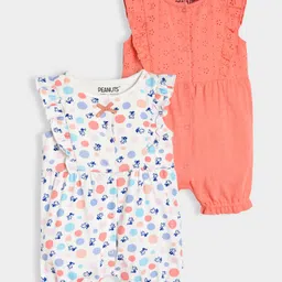 Mi Arcus Pack Of 2 Peanuts Featuring Frill Sleeves Snoopy Printed & Schiffli Embroidered Rompers - Peach & White image 3