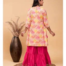 StyloBug Woven Three Fourth Sleeves Trees Printed Gota Lace Embellished Kurti & Sharara Set - Pink image 3