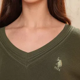 U.S. Polo Assn. Women Women V-neck Ribbed Long Sleeves Pullover Sweaters image 2