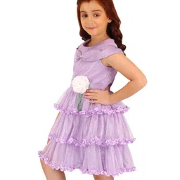 Cutecumber Cold Shoulder Shimmer & Floral Applique Detail Layered Dress - Purple image 4