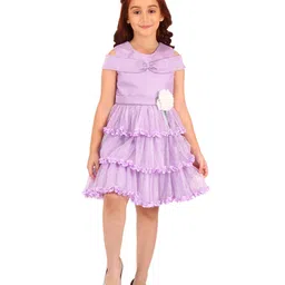 Cutecumber Cold Shoulder Shimmer & Floral Applique Detail Layered Dress - Purple image 5